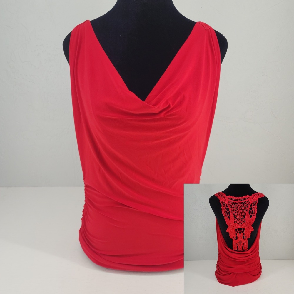 Wet Seal Large |‎ Y2K Red Cowl Neck Crochet Lace Back Ruched Slinky Tank Top